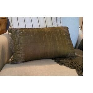 CBK Silk Green Satung Beaded Decorative Pillow Luxury Glam Holllywood Regency